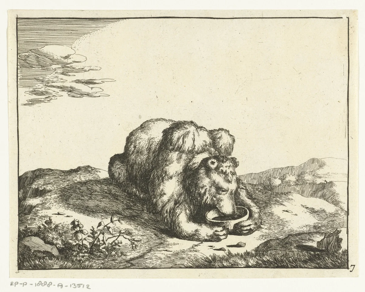 Liggende beer, van voren, beide poten om een kom by Marcus de Bye, print, 1664