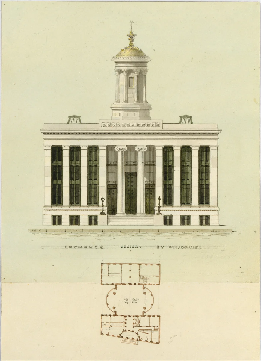Façade Design and Old Plan for the First Merchant's Exchange, New York (unexecuted; front elevation and plan) by Alexander Jackson Davis, drawing, 1824-1834