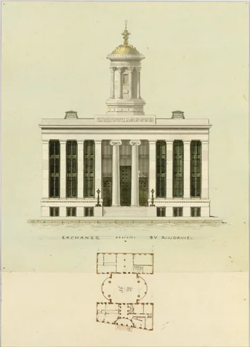 Façade Design and Old Plan for the First Merchant's Exchange, New York (unexecuted; front elevation and plan) by Alexander Jackson Davis, drawing, 1824-1834