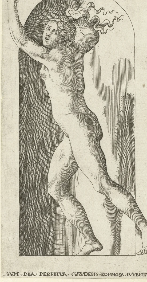 Hebe (Juventas) met bloemenkrans by Jacob Binck, print, 1530