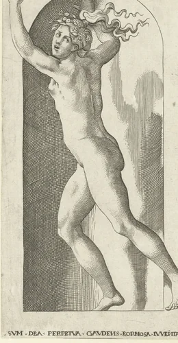 Hebe (Juventas) met bloemenkrans by Jacob Binck, print, 1530