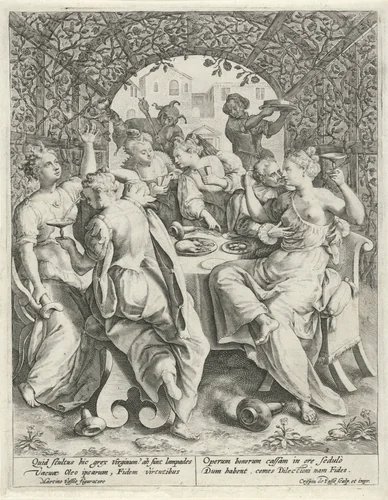 De vijf dwaze maagden vieren feest by Unknown, print, 1589-1611
