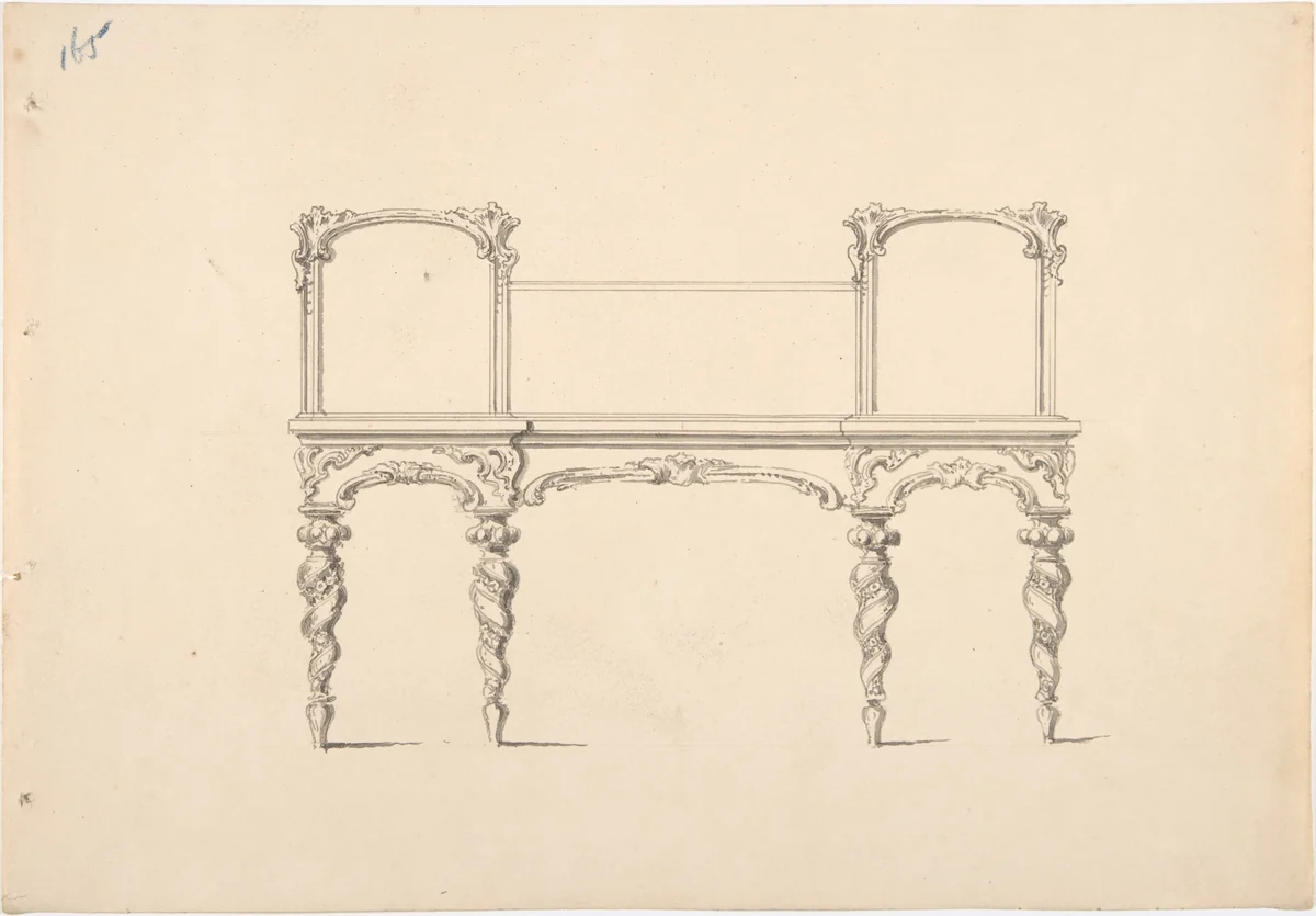Design for a Mirrored Sideboard with Turned Legs Rocaille Ornament (Verso: Sketch for a Desk) by anonymous, drawing, 1800-1850