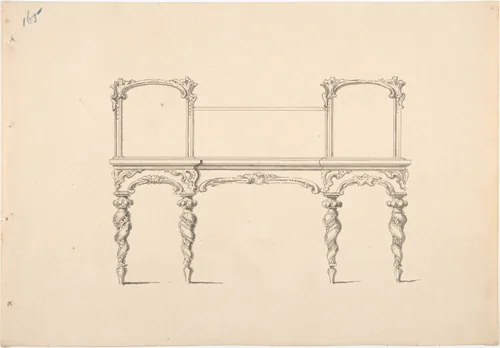 Design for a Mirrored Sideboard with Turned Legs Rocaille Ornament (Verso: Sketch for a Desk) by anonymous, drawing, 1800-1850
