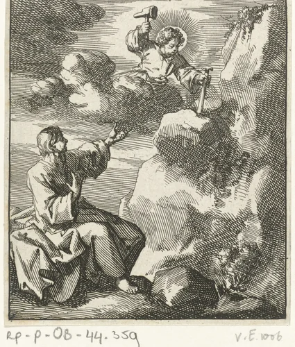 Man kijkt toe hoe Christus vanuit de wolken met hamer en beitel een stuk steen van een rots loshakt by Jan Luyken, print, 1689