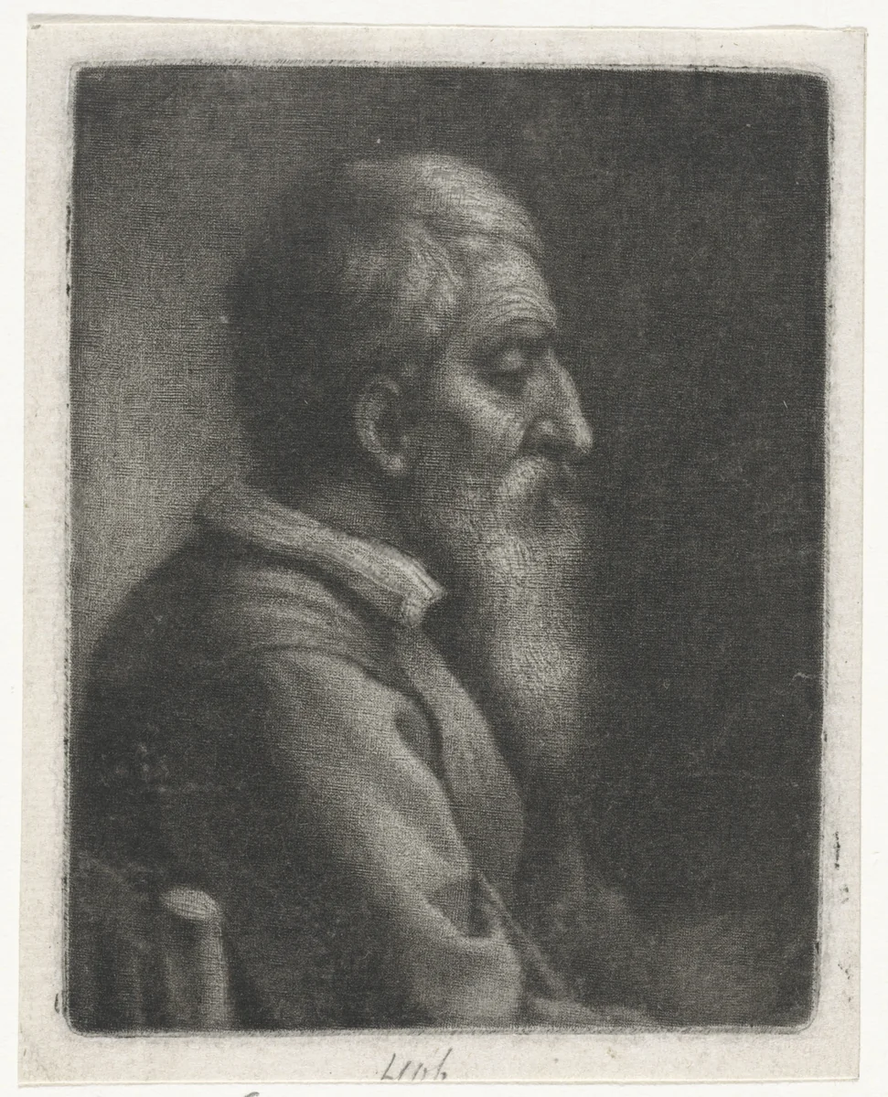 Bebaarde oude man in een stoel by Wallerant Vaillant, print, 1658-1677