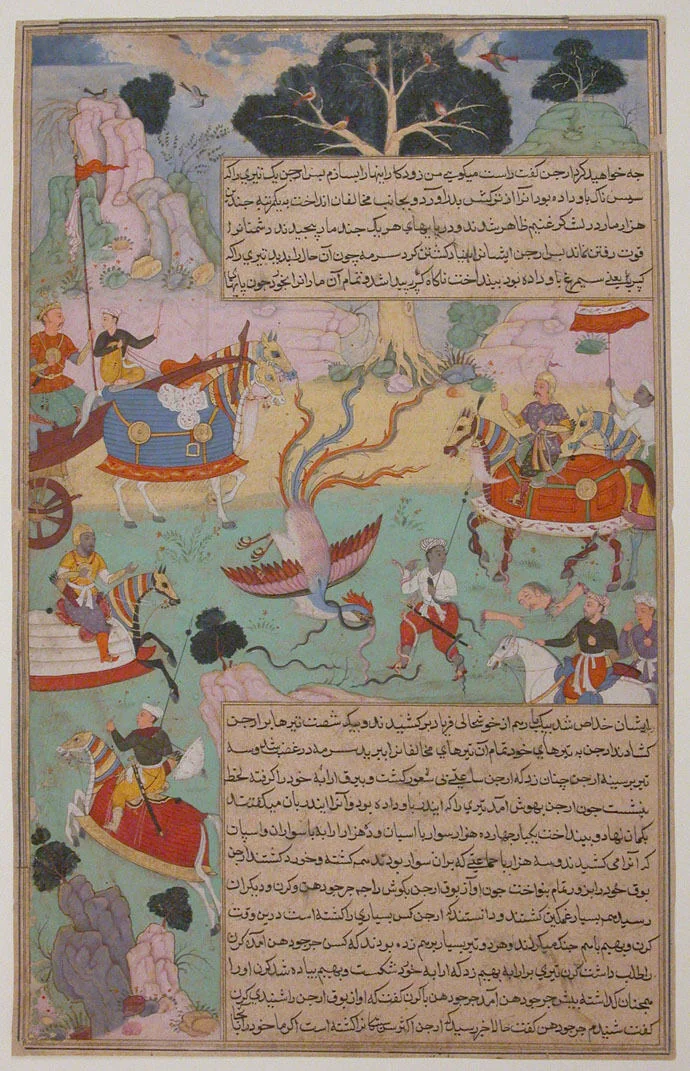 "Fighting Arjuna, Susarma Unleashes the Suparna Weapon which Invokes Garuda", Folio from a Razmnama by Abd al-Rahim ibn Muhammad Bairam Khan Khan-i Khanan, manuscript, 1591-1642