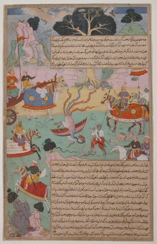 "Fighting Arjuna, Susarma Unleashes the Suparna Weapon which Invokes Garuda", Folio from a Razmnama by Abd al-Rahim ibn Muhammad Bairam Khan Khan-i Khanan, manuscript, 1591-1642