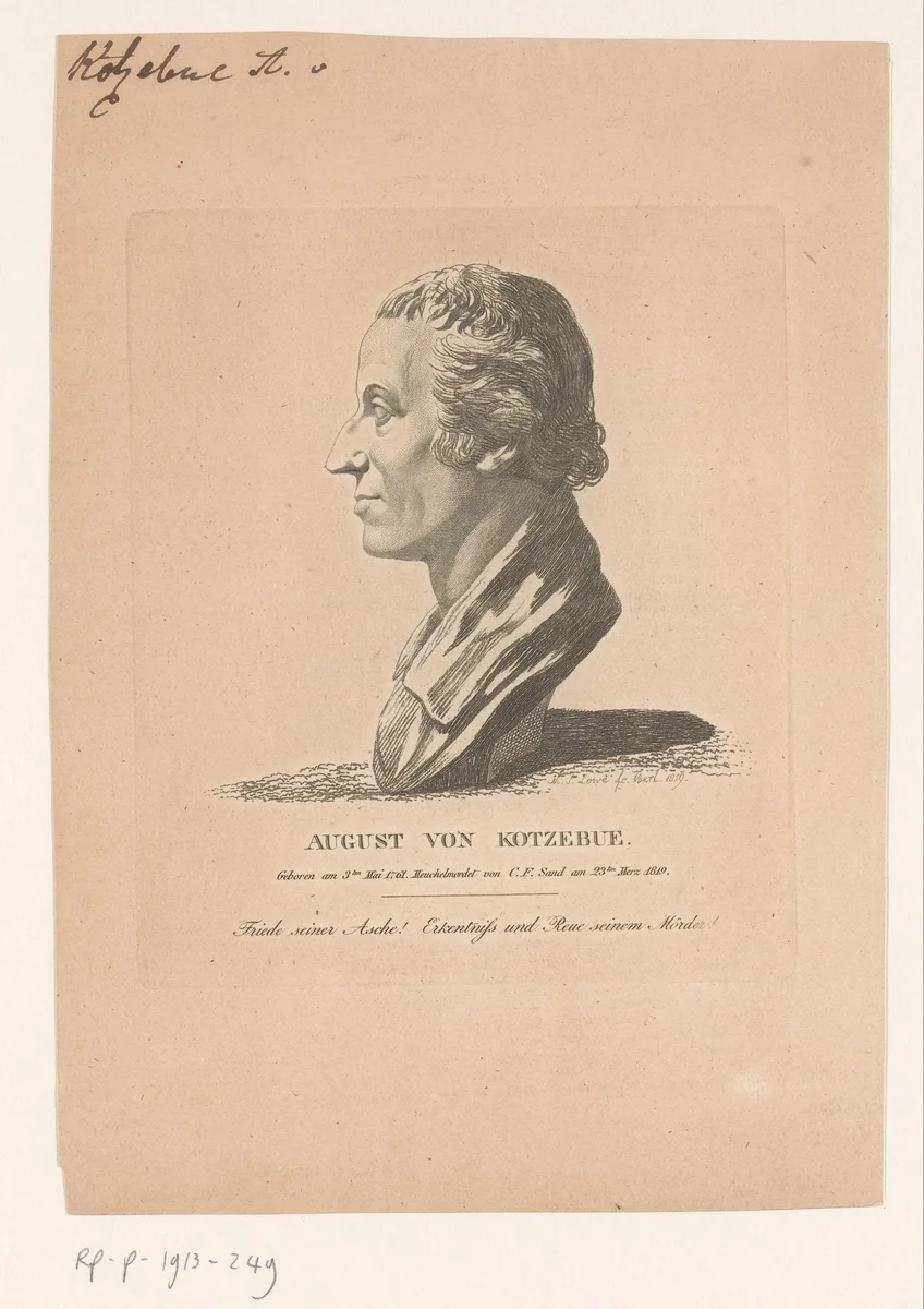 Portret van August Friedrich Ferdinand von Kotzebue by Johann Michael Siegfried Lowe, print, 1819
