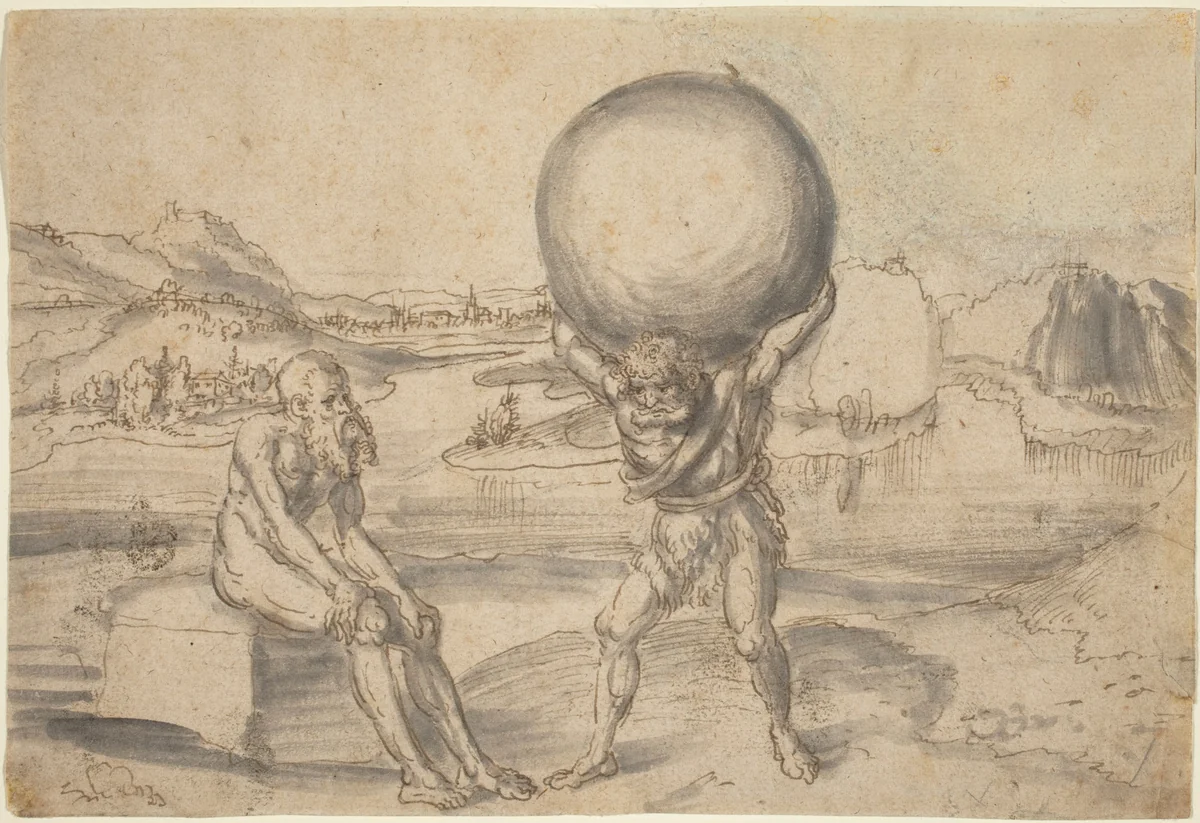 Hercules Relieving Atlas of the Globe by Lucas Cranach, drawing, 1530