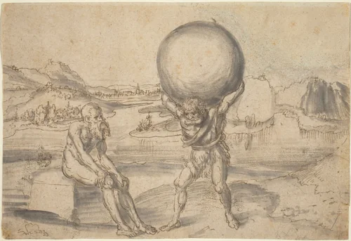Hercules Relieving Atlas of the Globe by Lucas Cranach, drawing, 1530