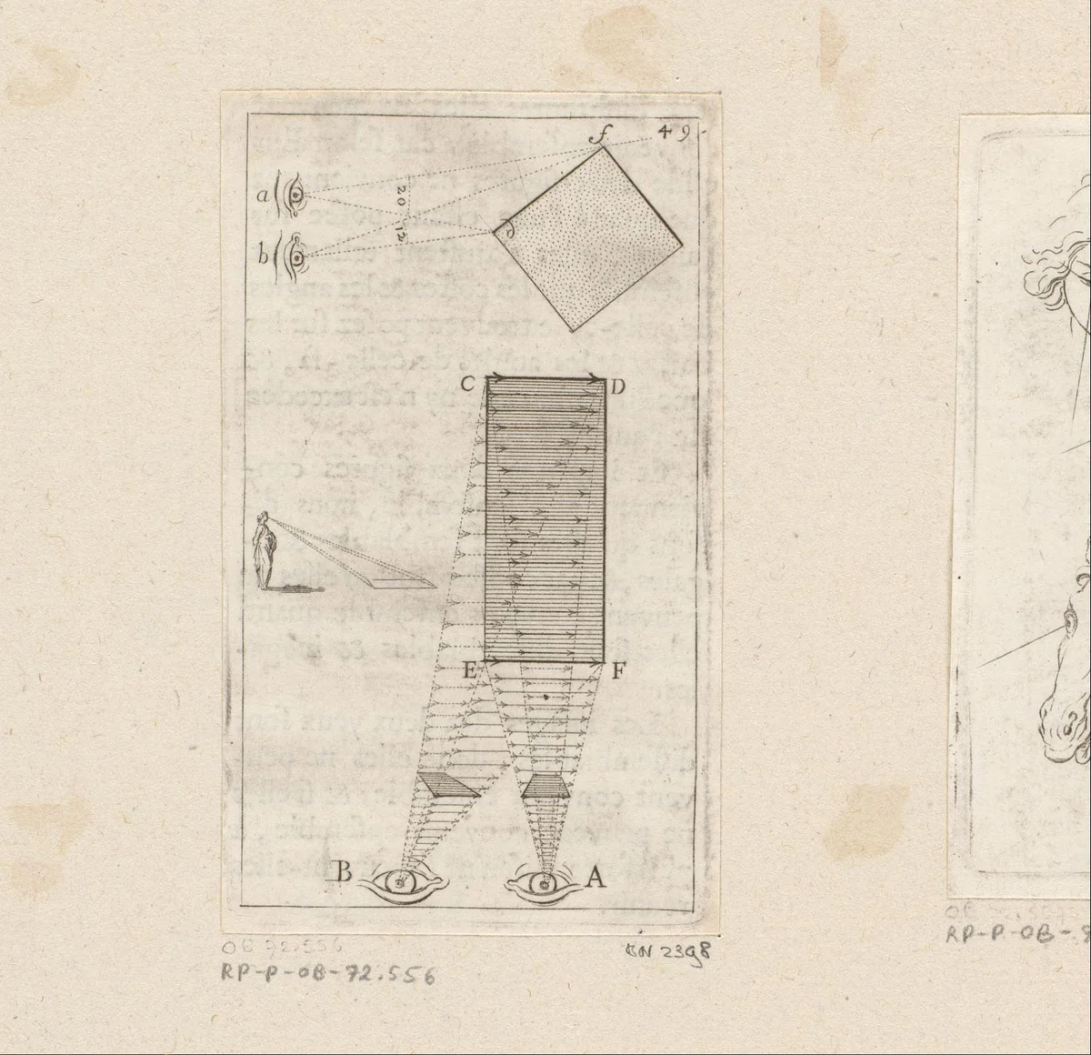 Deformatie die een object ondergaat wanneer iets wordt bekeken met het linker- of rechteroog by Sébastien Leclerc, print, 1679