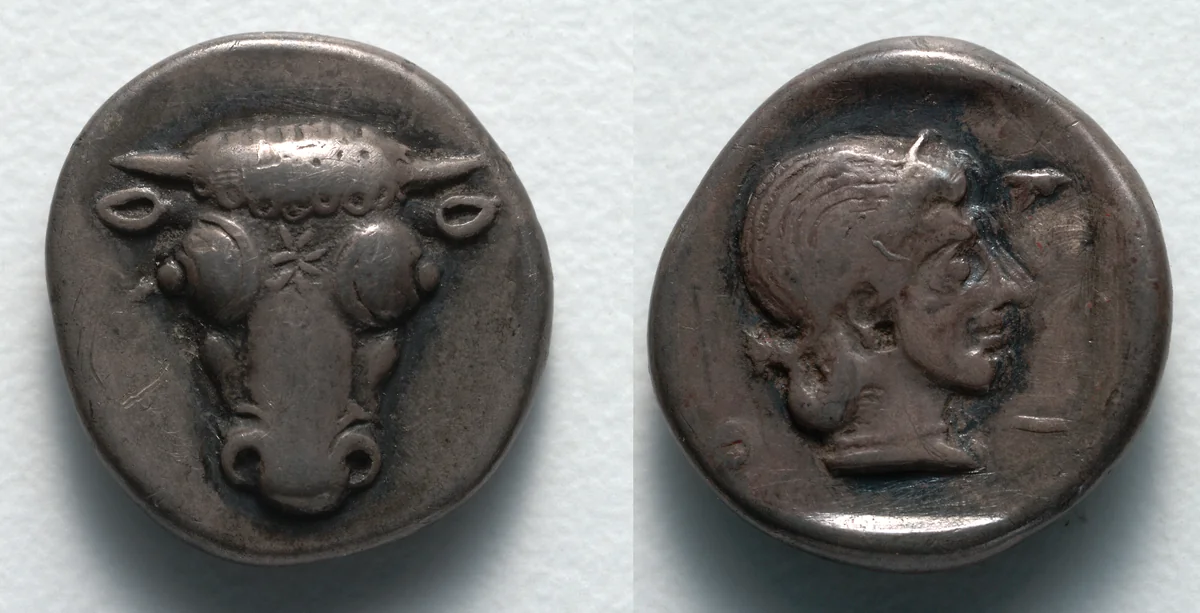 Hemidrachm: Bull's Head (obverse); Head of Artemis (reverse) by Unknown, metalwork, -490--475