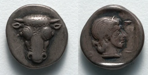 Hemidrachm: Bull's Head (obverse); Head of Artemis (reverse) by Unknown, metalwork, -490--475
