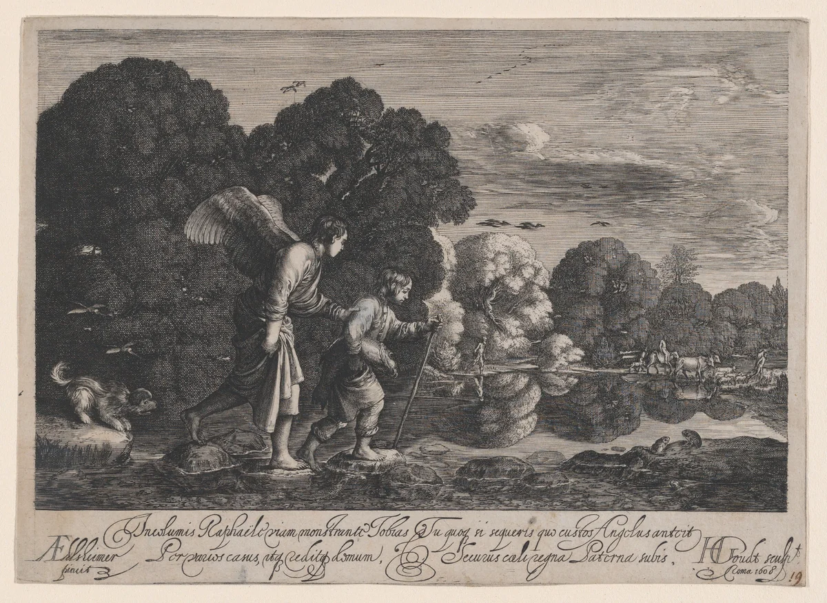 Tobias and the Angel (small plate) by Hendrick Goudt, print, 1608
