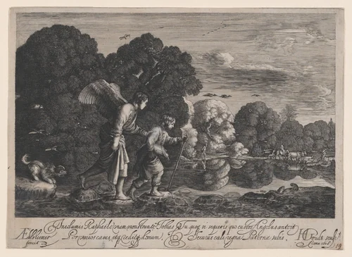Tobias and the Angel (small plate) by Hendrick Goudt, print, 1608