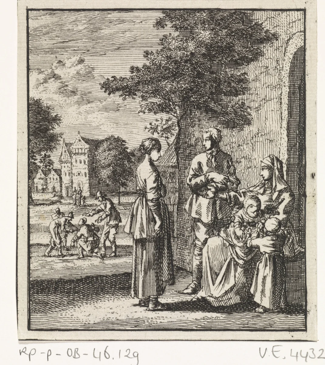 Volwassen dochter bezoekt haar moeder en zusjes by Jan Luyken, print, 1712