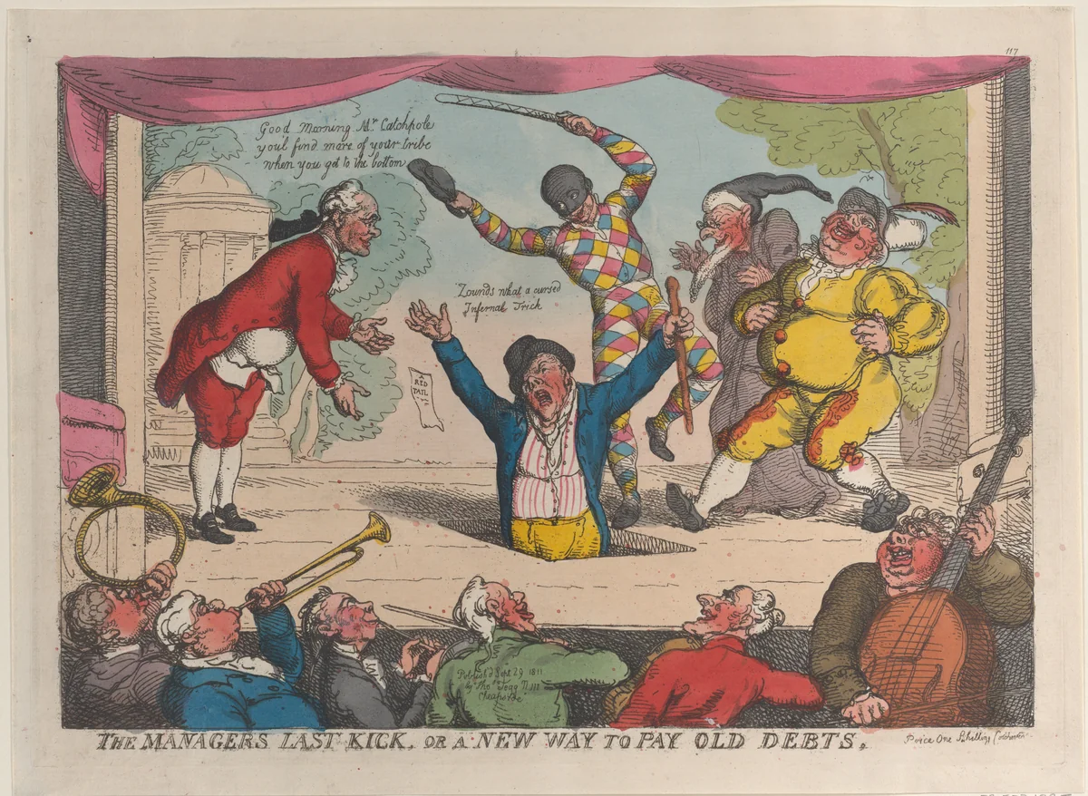 The Manager's Last Kick, or a New Way to Pay Old Debts by Thomas Rowlandson, print, 1811
