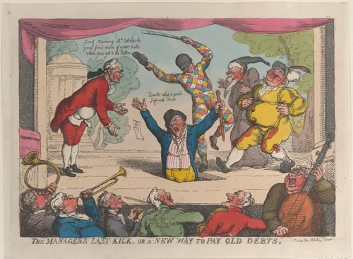 The Manager's Last Kick, or a New Way to Pay Old Debts by Thomas Rowlandson, print, 1811