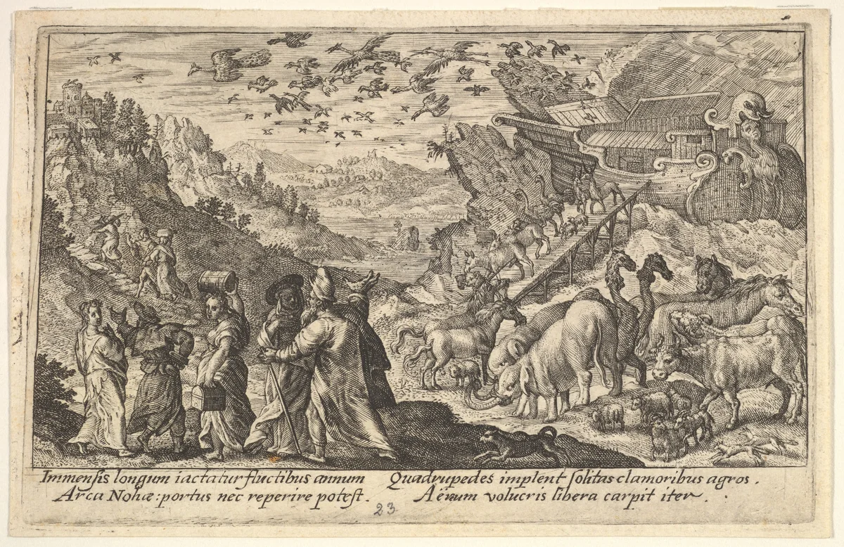 Noah leaving the ark with his family and animals: at left Noah's family carries supplies, at right animals descend on a ramp from the ark, above birds fly from the ark, from "Liber Genesis" by Crispijn de Passe, print, 1612