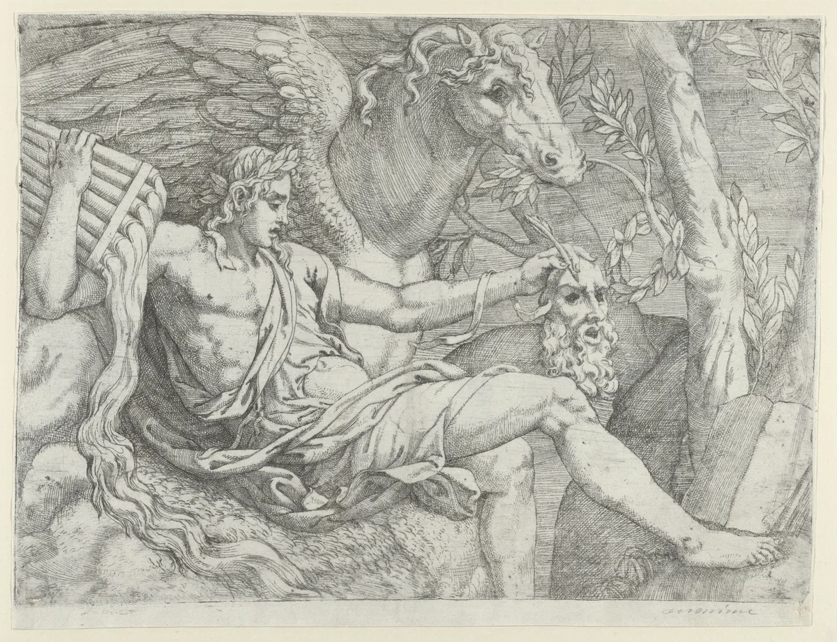 Apollo holding pipes in his right hand accompanied by Pegasus by Angiolo Falconetto, print, 1556-1560