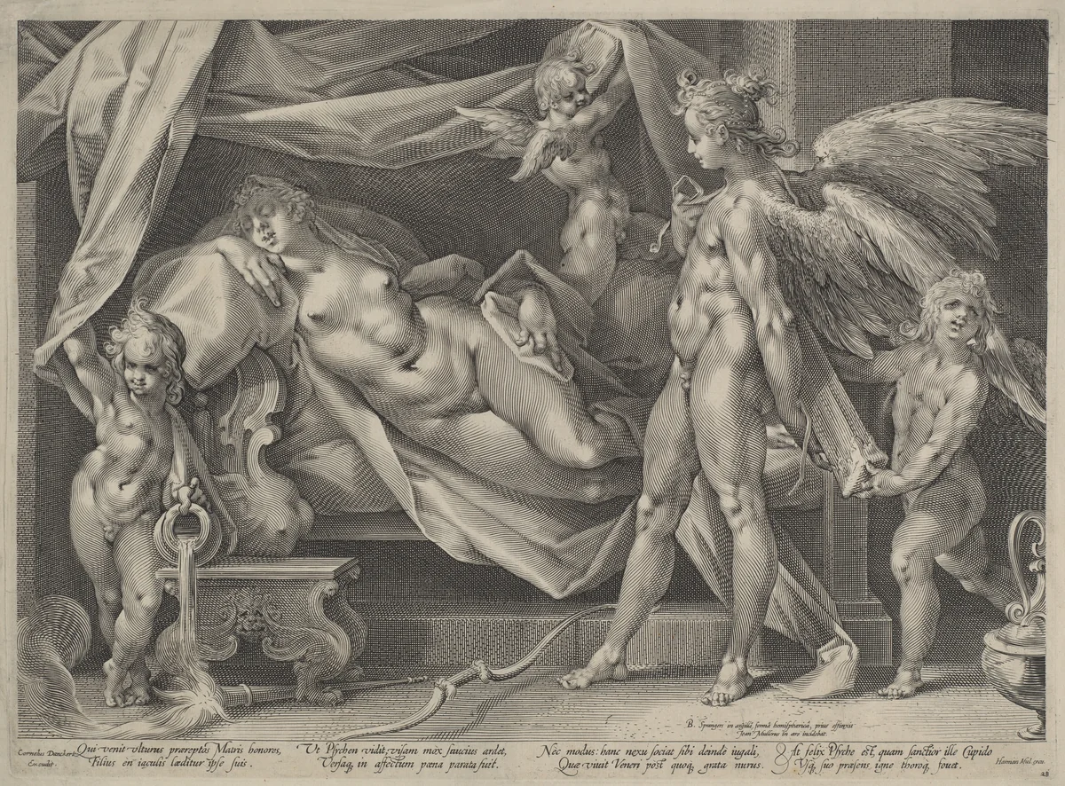 Cupid and Psyche by Jan Muller; Bartholomaeus Spranger; Cornelis Danckerts I, print, 1595-1605