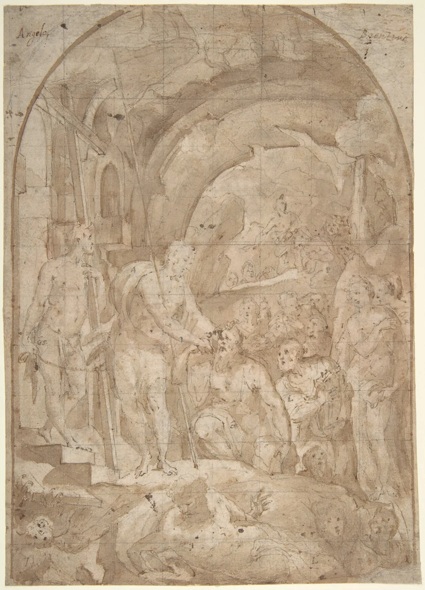 The Descent of Christ to Limbo (recto); Coats of Arms of Florentine and Sienese Families (verso) by Domenico Beccafumi, drawing, 1531-1541