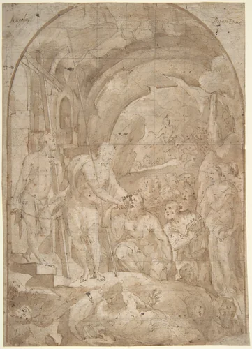 The Descent of Christ to Limbo (recto); Coats of Arms of Florentine and Sienese Families (verso) by Domenico Beccafumi, drawing, 1531-1541