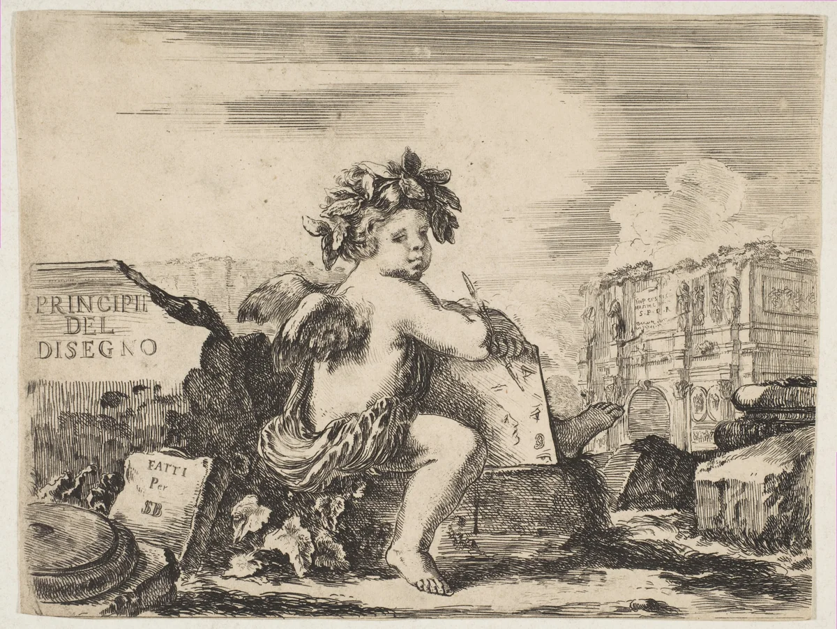 Plate 1: the genius of drawing, a child with wings, seated on a rock in center turned towards the right, holding a drawing pad and pen, ruins including a triumphal arch to right in the background, the title page from "The Principles of Design" (I principii del disegno) by Stefano della Bella, print, 1636-1648