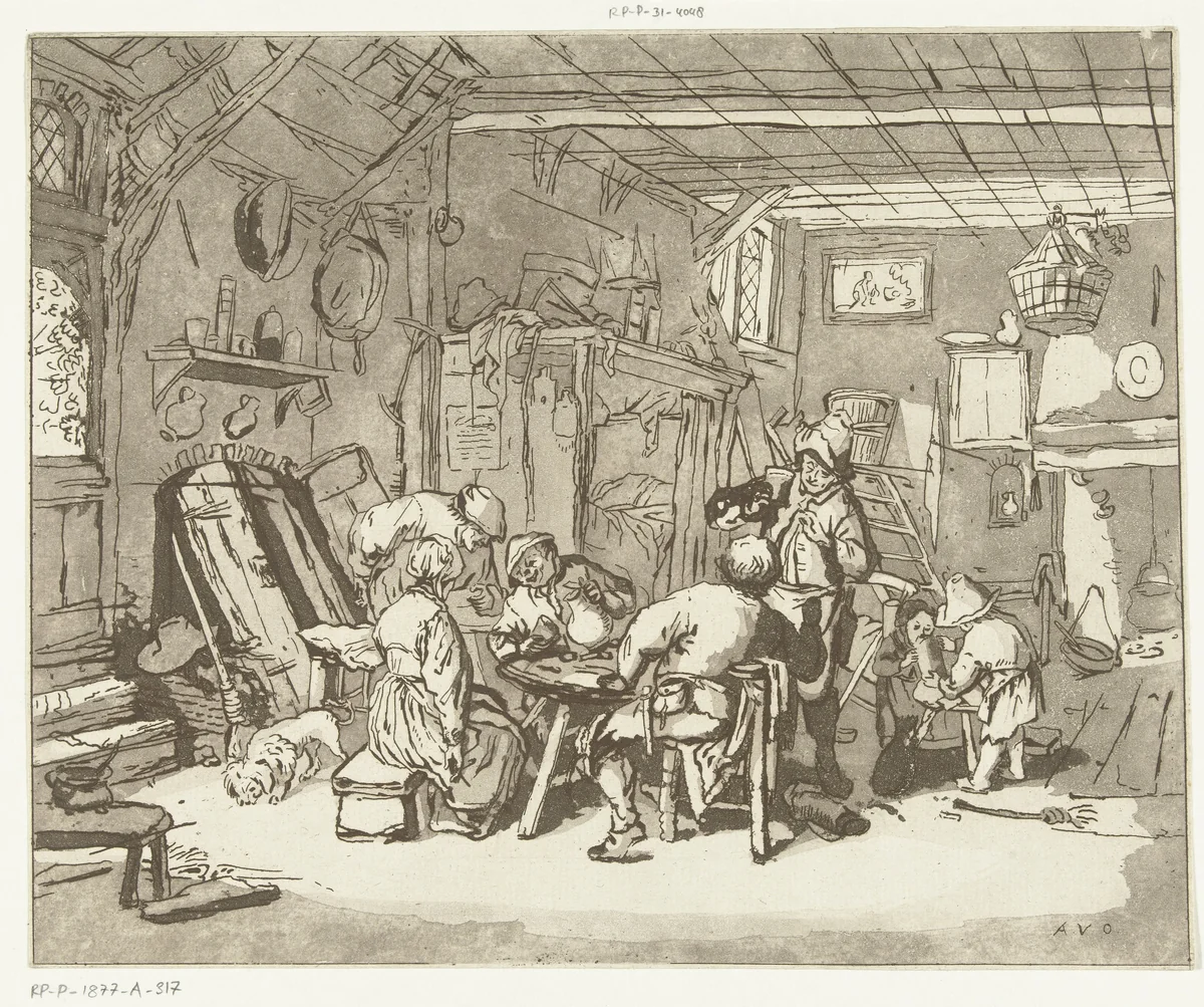 Boereninterieur by Anthonie van den Bos, print, 1778-1838