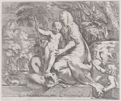 An allegory of the rest on the flight into egypt by Giovanni Cesare Testa, print, 1625-1675