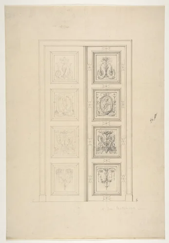 Design for double doors in a house at 18 rue Matignon by Jules-Edmond-Charles Lachaise, drawing, 1850-1900