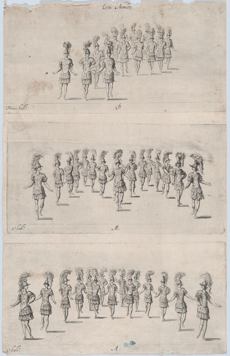 Armed heroes performing ballets by anonymous, print, 1600-1699