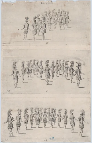 Armed heroes performing ballets by anonymous, print, 1600-1699