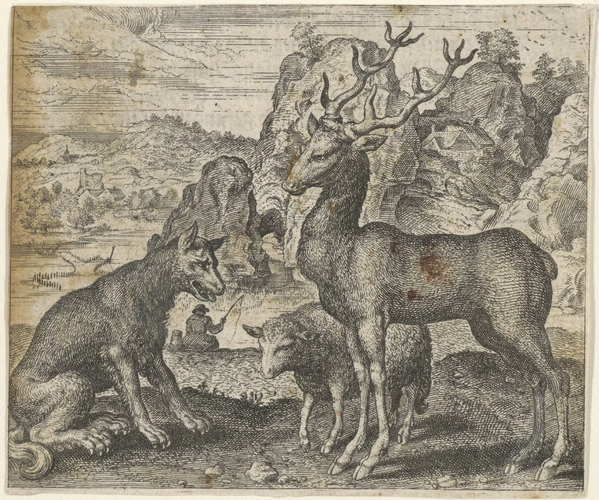 Fabel van het hert, de wolf en het schaap by Aegidius Sadeler, print, 1608