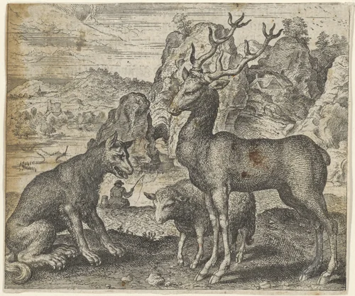 Fabel van het hert, de wolf en het schaap by Aegidius Sadeler, print, 1608