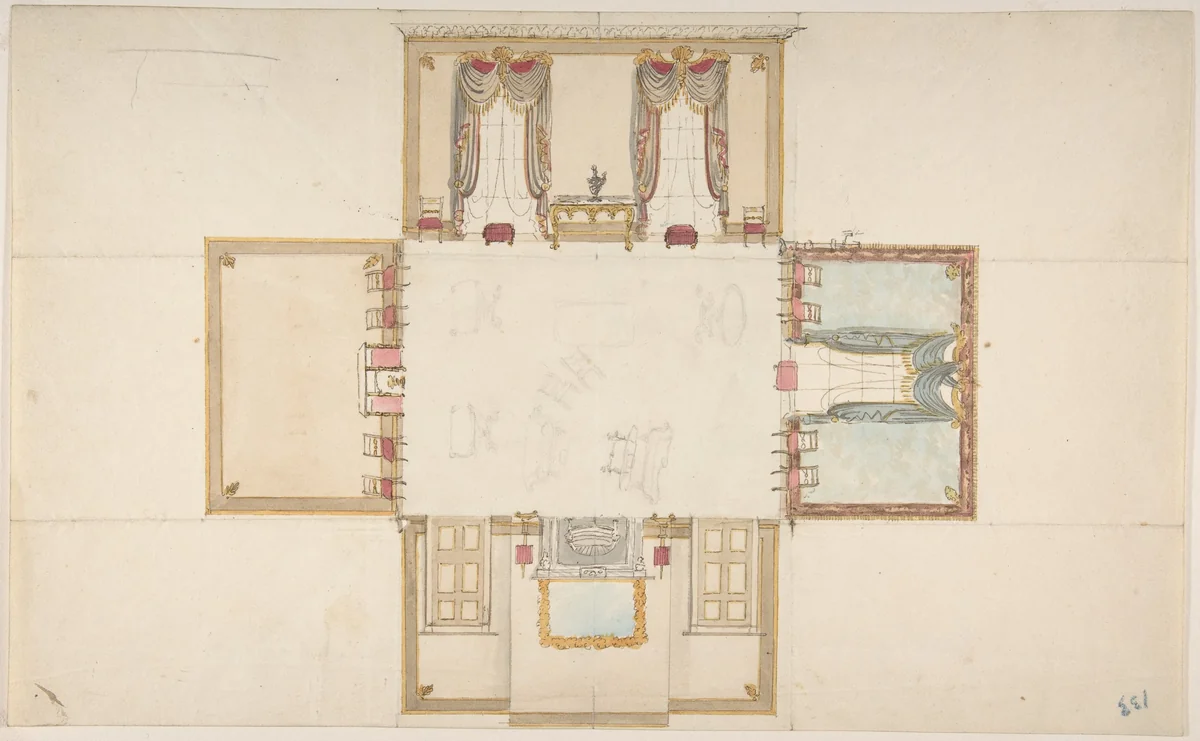 Plan and Elevations of a Room by anonymous, drawing, 1825-1835