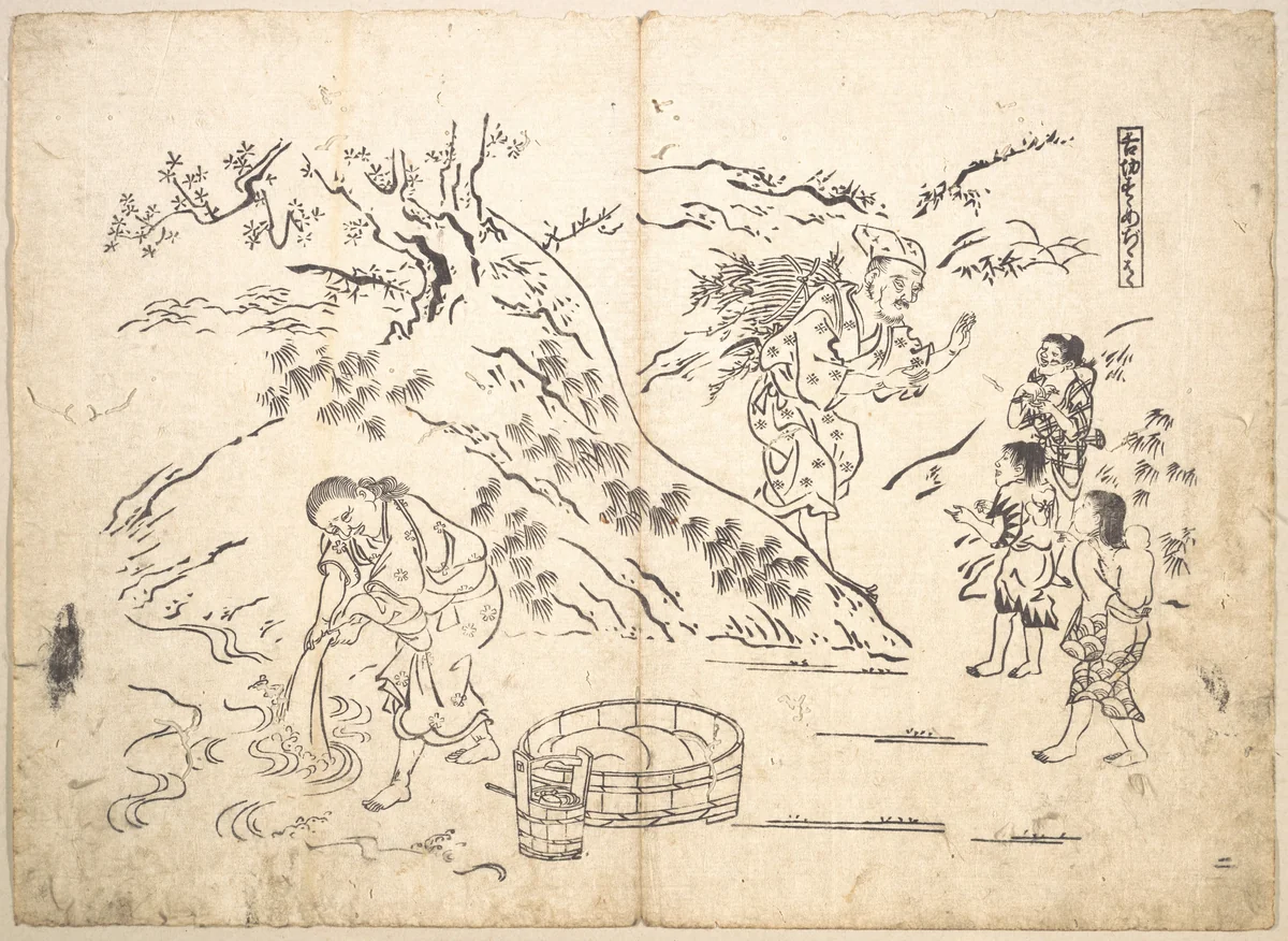 Fagot–gatherer Finds Boy with Sparrow by Okumura Masanobu (奥村政信), print, 1691-1768