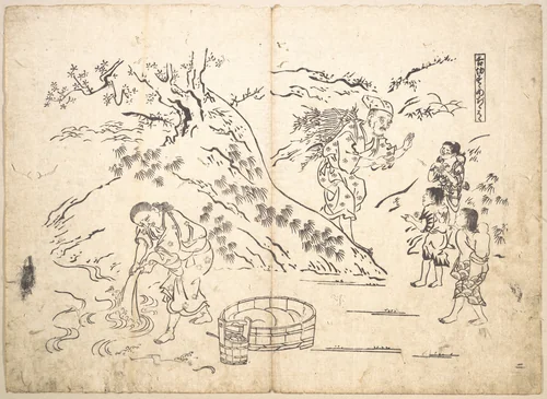Fagot–gatherer Finds Boy with Sparrow by Okumura Masanobu (奥村政信), print, 1691-1768