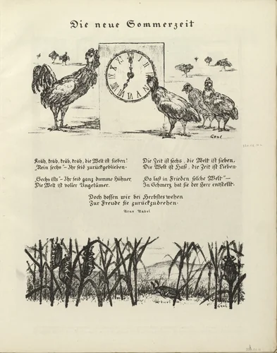 Die neue Sommerzeit (The New Summertime) (plate, folio 7) from the periodical Der Bildermann, vol. 1, no. 3 (May 1916) by August Gaul, periodical, 1916