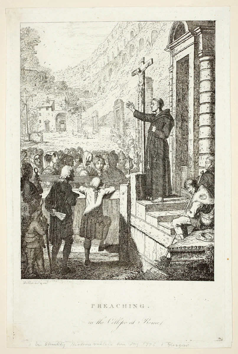 Preaching in the College at Rome by David Allan, print, 1773-1775