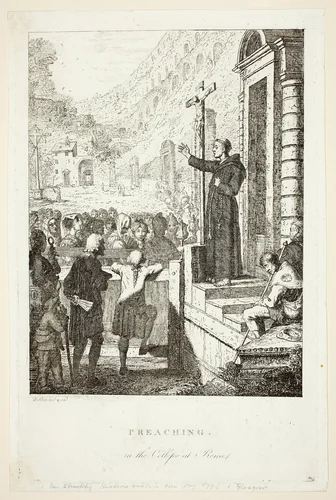 Preaching in the College at Rome by David Allan, print, 1773-1775