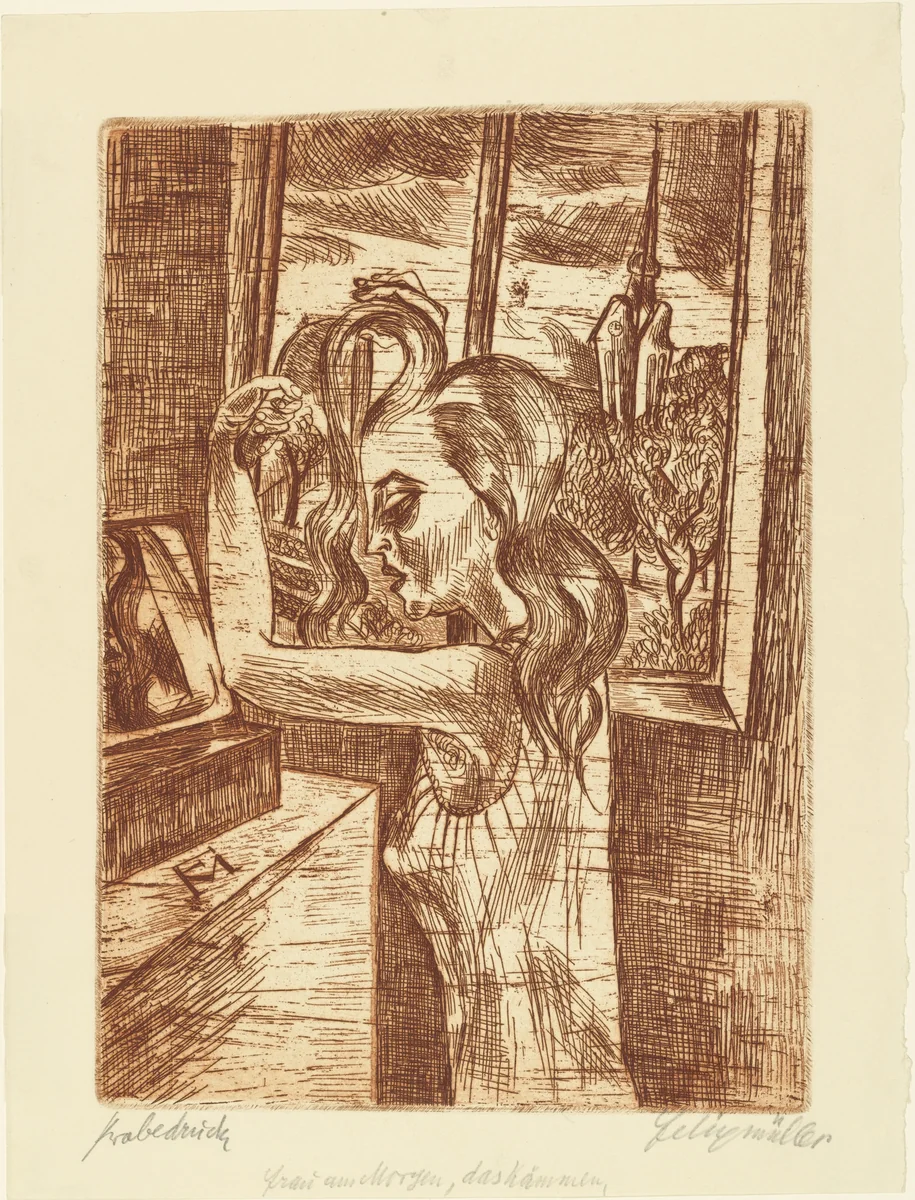 Woman in the morning: Combing (Frau am Morgen: Das Kämmen) by Conrad Felixmüller, print, 1920