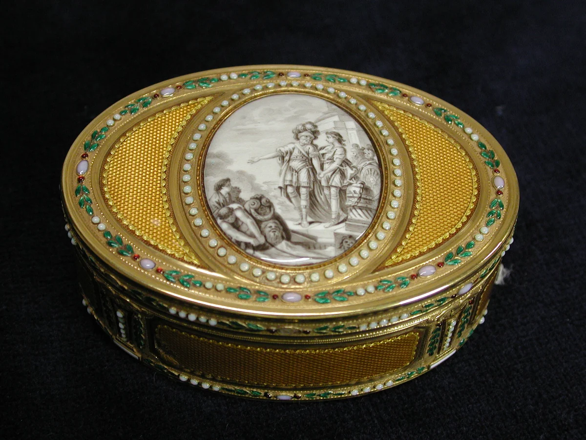 Snuffbox with miniature depicting departure of Telemachus from Egypt by Charles Ouizille, metalwork, 1780-1781