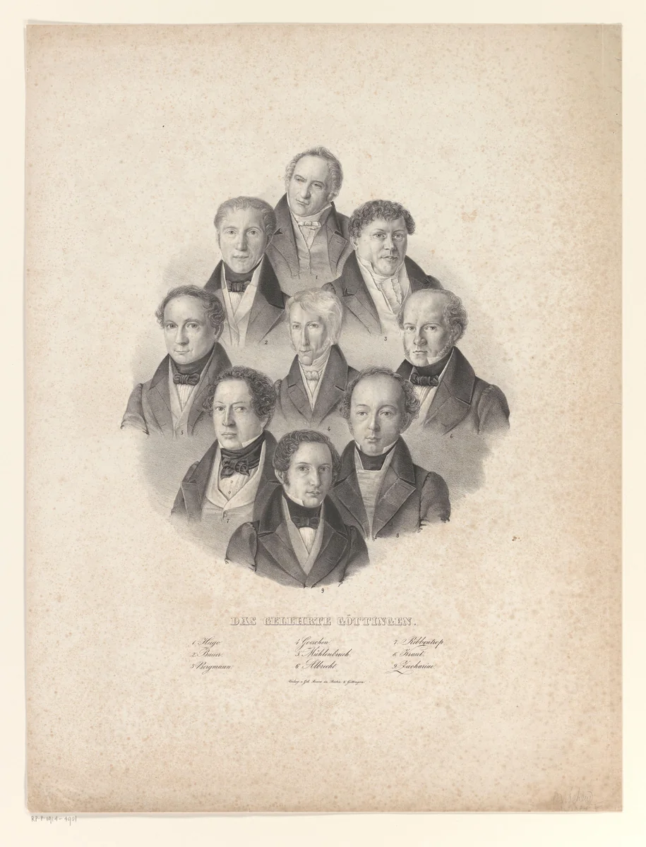 Portretten van negen geleerden uit Göttingen by anonymous, print, 1840-1860