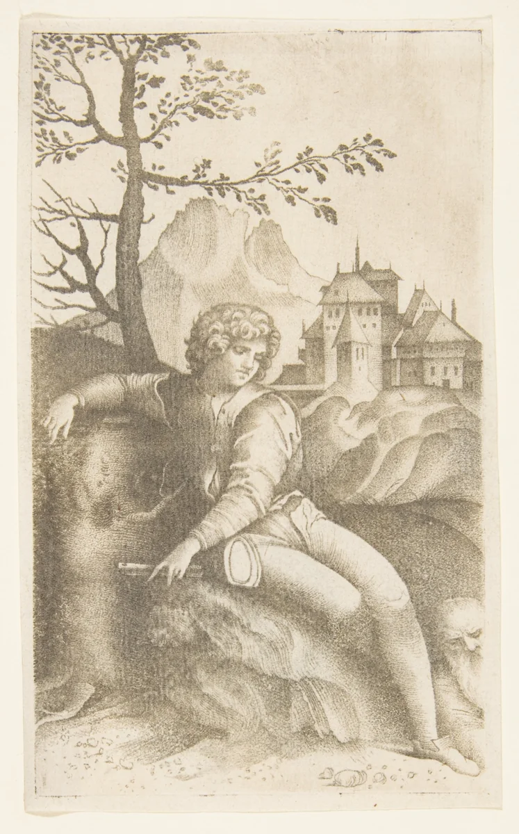 Young shepherd seated in a landscape looking toward an old man in the lower right, buildings in the background and a tree and mountain at left by Giulio Campagnola, print, 1509-1512