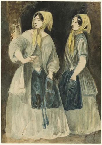 Two Women in Yellow Kerchiefs by Constantin Guys, painting, 1822-1892