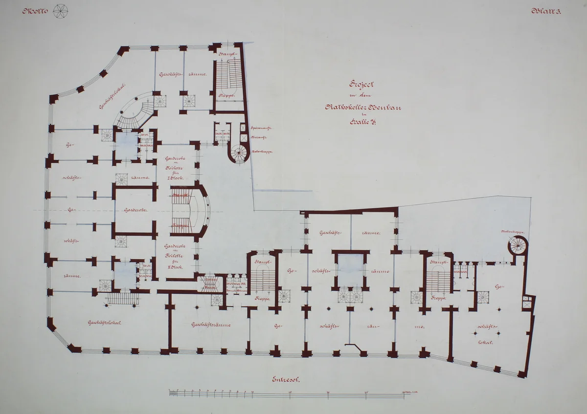 Rathskeller Neubau, Halle (Saale), Saxony-Anhalt, Germany, Mezzanine Plan by Peter J. Weber, drawing, 1882-1892