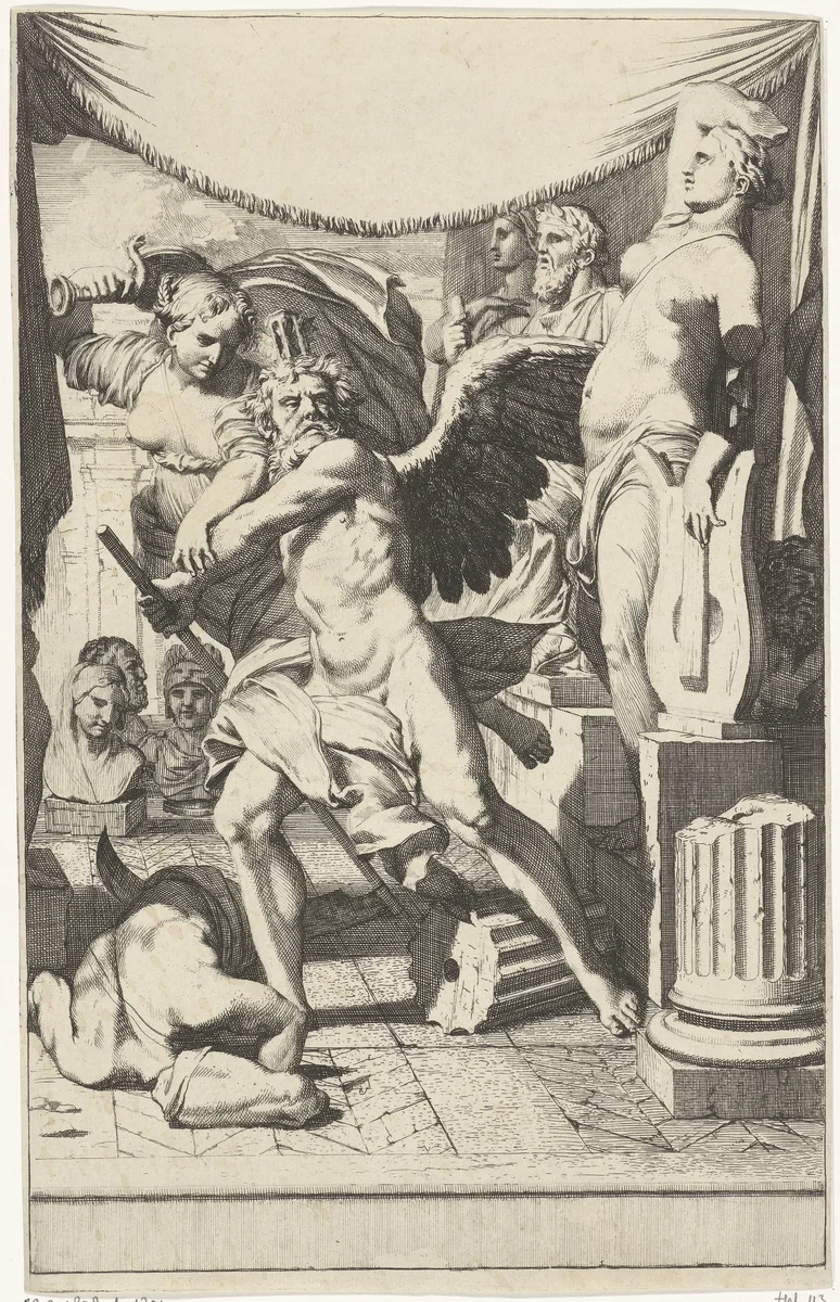Voorzichtigheid weerhoudt de Tijd ervan antieke beelden te vernietigen by Gerard de Lairesse, print, 1670