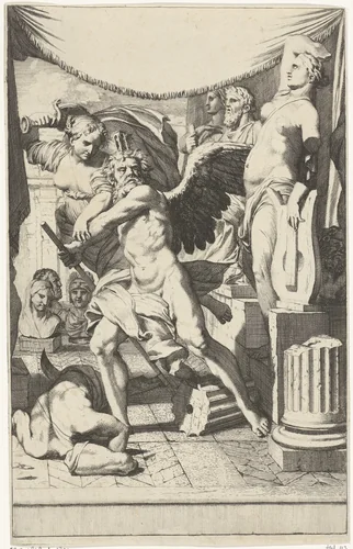 Voorzichtigheid weerhoudt de Tijd ervan antieke beelden te vernietigen by Gerard de Lairesse, print, 1670